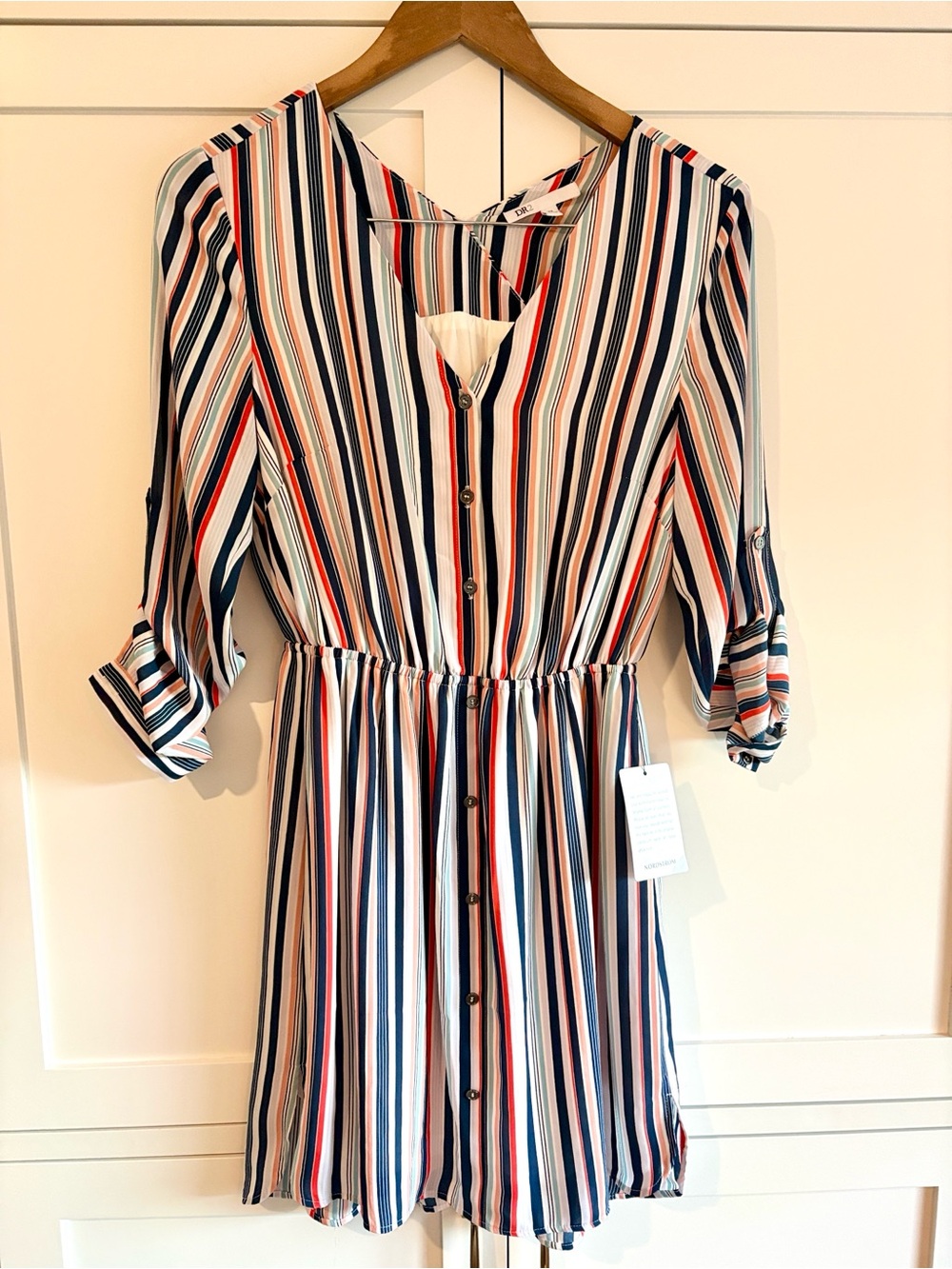 Nordstrom DR2 Striped Dress Lined Blue, Red, White elastic waist size XS